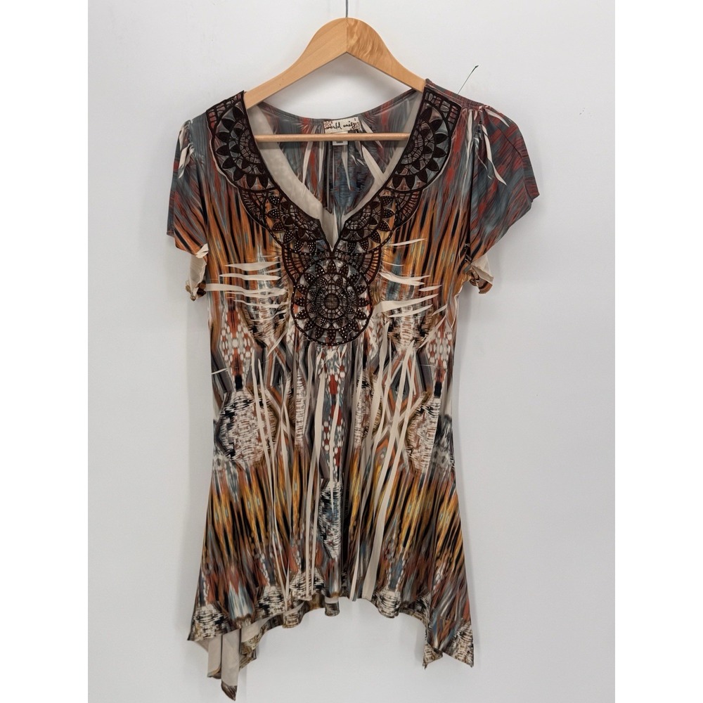 Unity World Wear‎ Top, Brown Print, Lace Insert, Plus Size S Boho Chic Fairy